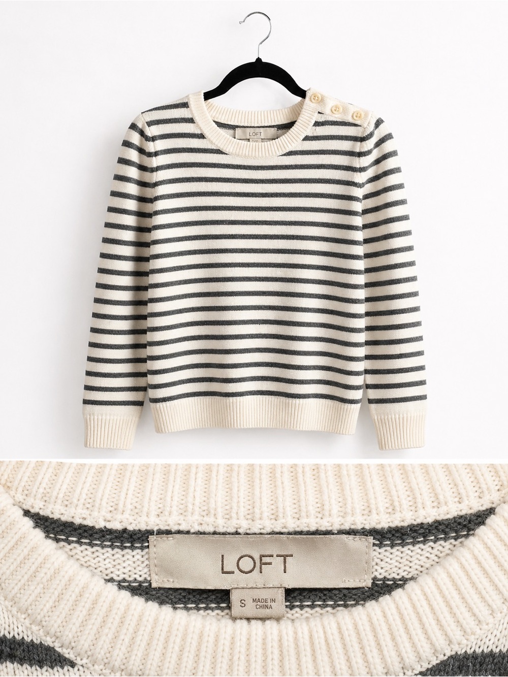 LOFT Cream & Gray Striped Crewneck Sweater with Shoulder Buttons